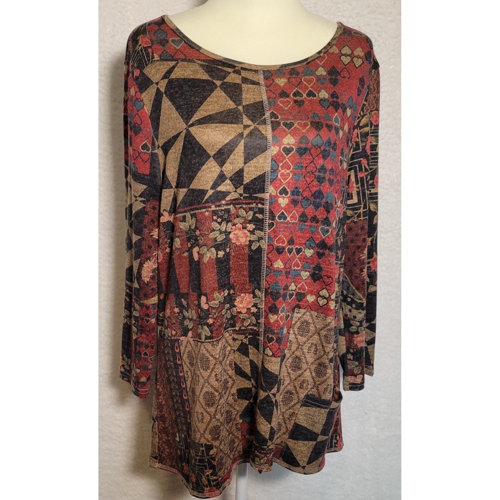 Shana Tunic Top Size XL Shirt 3/4 Sleeve Artsy Boho Women's Floral Hearts 0736
